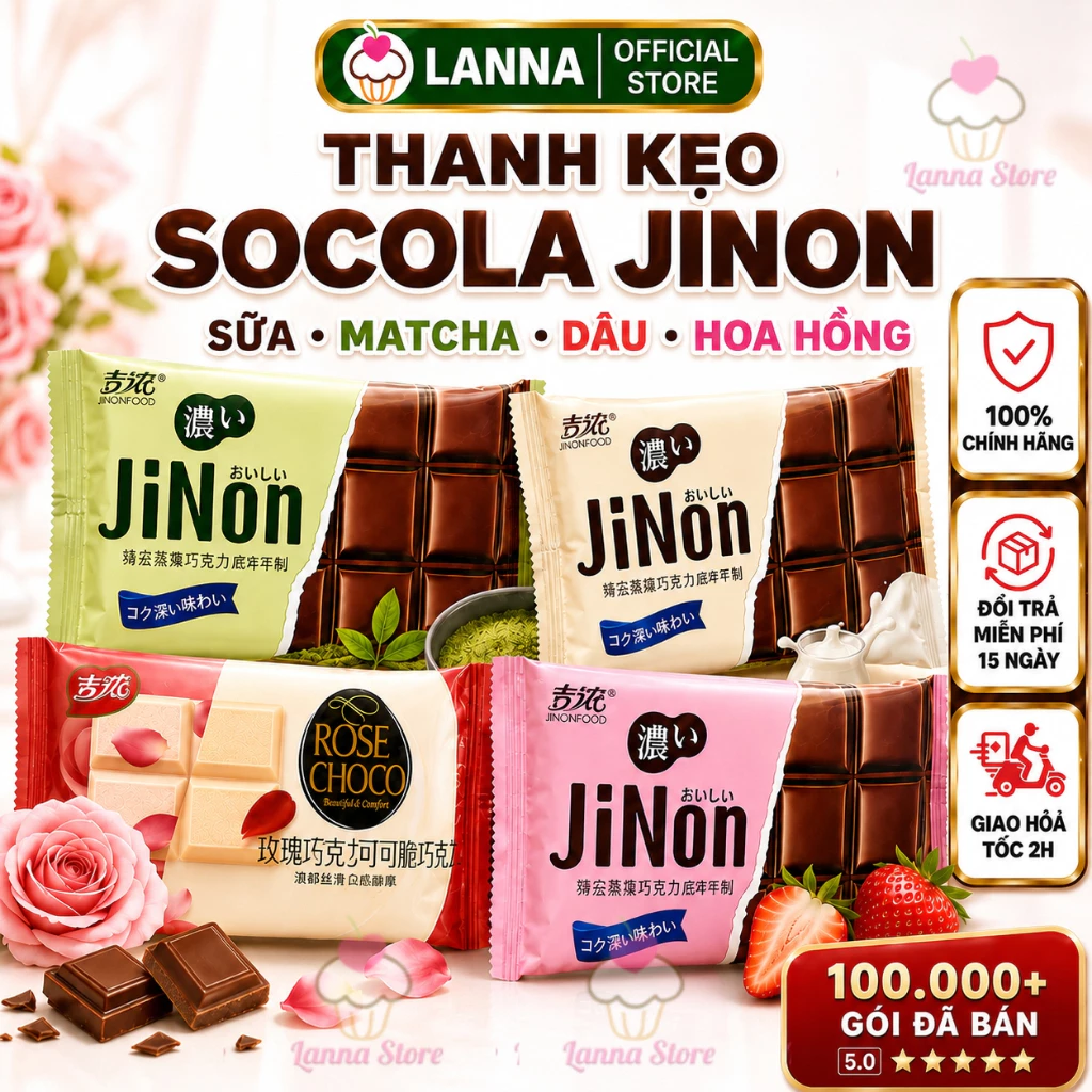 【COMBO 2 THANH 】Kẹo Socola JiNon 40G Đủ Vị Matcha, Hoa Hồng, Sữa, Dâu | Kẹo Chocolate Chính Hãng