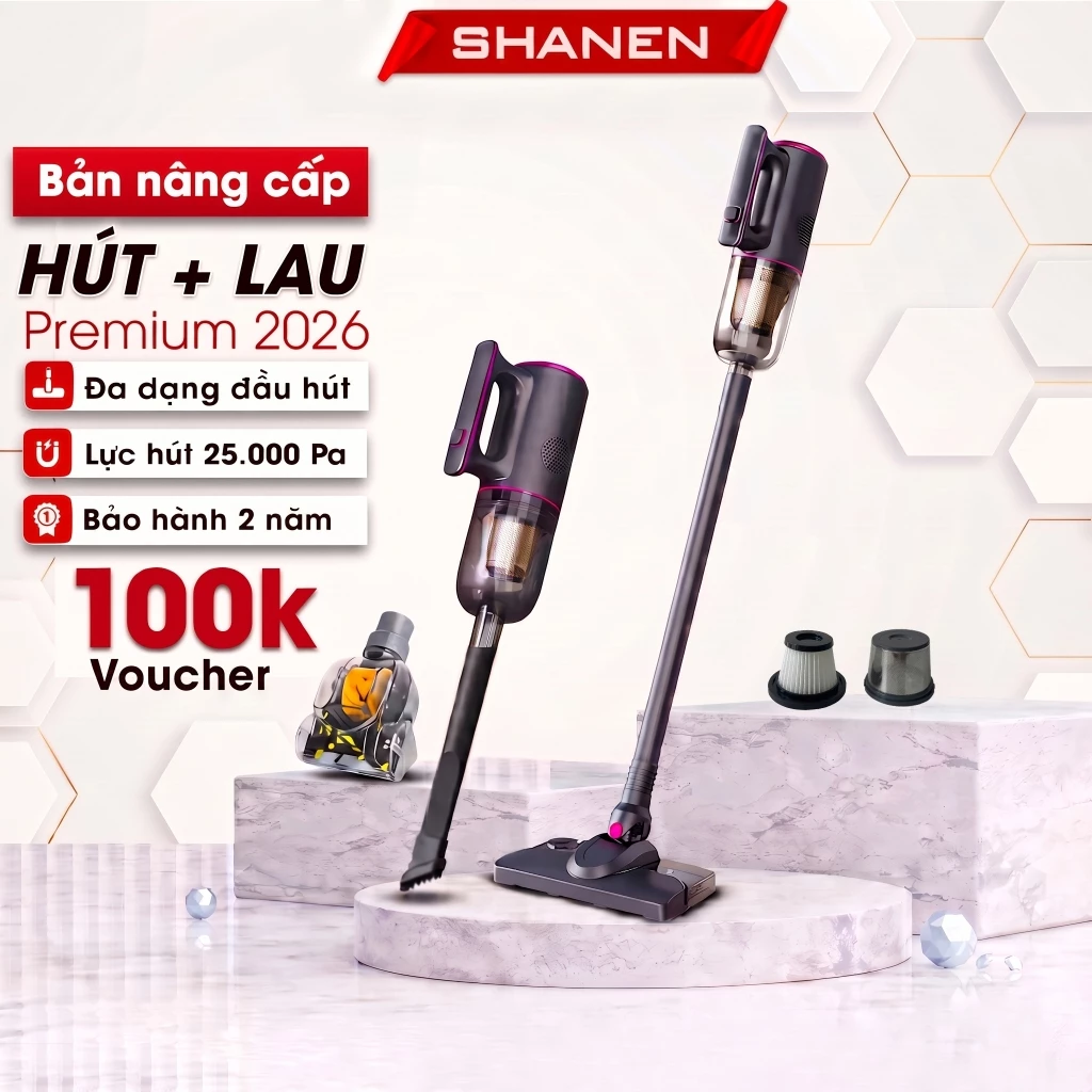 Máy hút bụi cầm tay lau sàn nhà SHANEN X12 PRO, Vừa hút vừa lau, Hút nệm sofa, Lực hút 25.000Pa, Bảo hành 12th