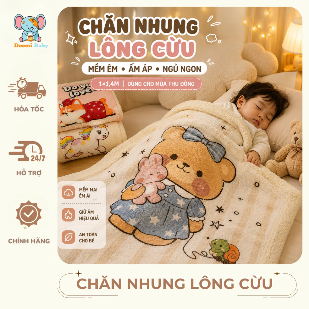 [1m*1m4 Bản Rộng] Chăn Nhung Lông Cừu Cho Bé Thu Đông Mềm Mịn Họa Tiết Siêu Xinh Doomi Baby - HT722
