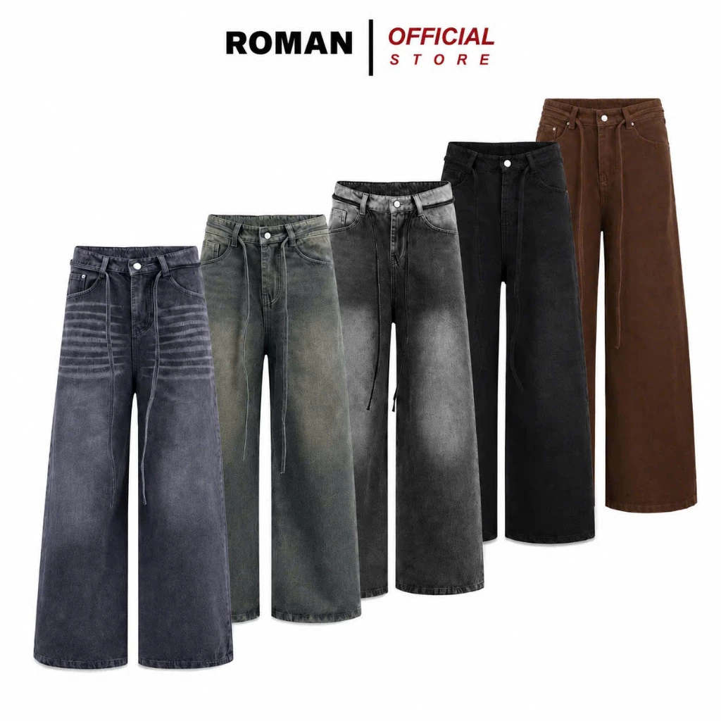 Quần jean ống rộng nam nữ form siêu to phối dây thừng chất bò cao cấp ROMAN QJ06