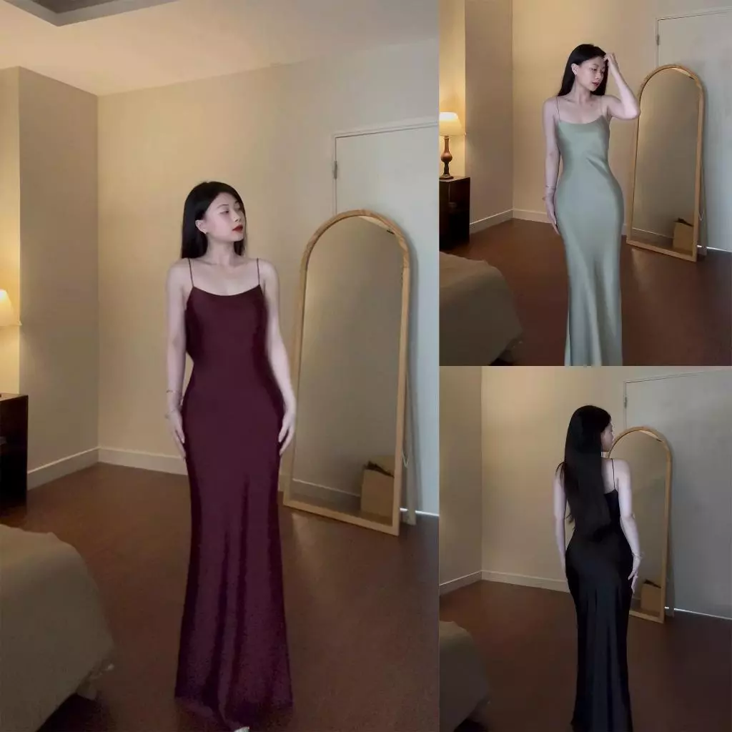 SVIP Đầm Lụa 2 dây mảnh form dài dự tiệc,Váy lụa Hàn châu 1 lớp không mút,không dây kéo tôn dáng gợi cảm
