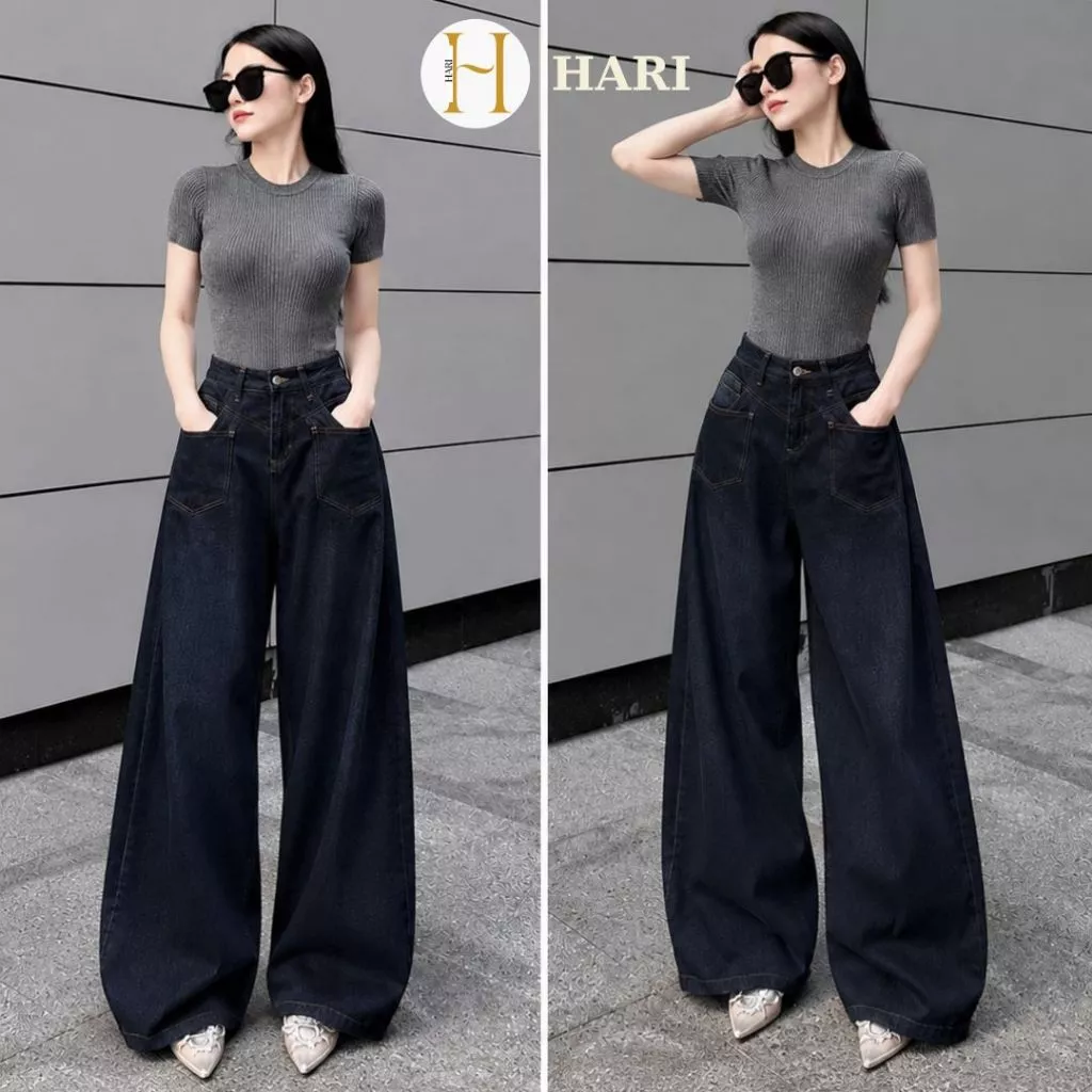 Quần jean ống rộng JEANS MỀM xanh đậm viền chỉ nổi 097 Hari