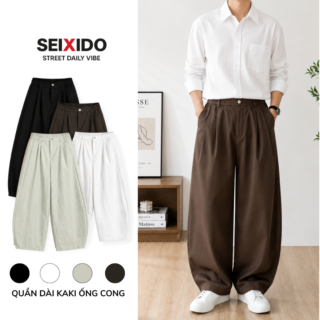 Quần Kaki Ống Rộng Dáng Cong Seixido Cạp Cao Khóa Thun Chất Kaki Mềm Không…