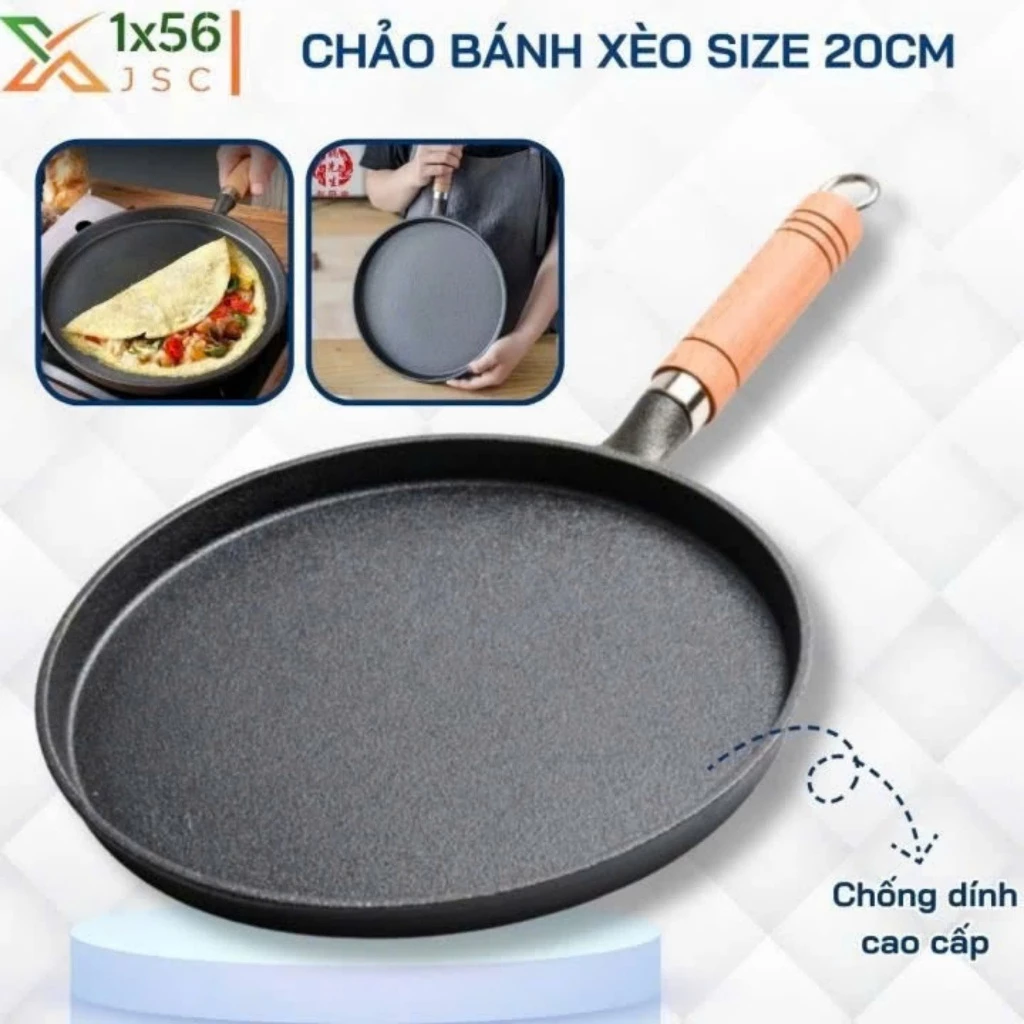 Chảo Gang Chống Dính 20cm, Chảo Làm Bánh Xèo và Rán, Quai Gỗ Cách Nhiệt An Toàn cho Bếp Nhà Bạn - C1