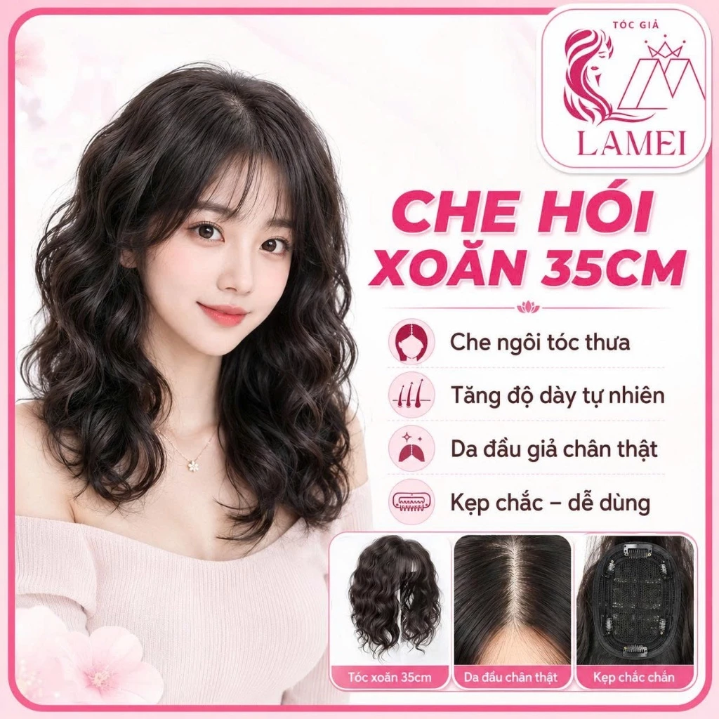 Tóc Giả Kẹp Che Hói  Xoăn Sóng nhẹ ngang vai, Che Tóc Bạc làm Dày Tóc Lamei
