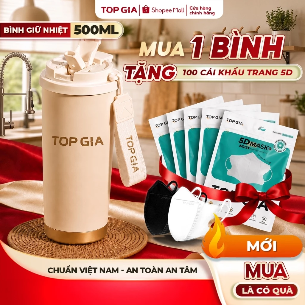 [MUA 1 TẶNG 100] Mua 1 Bình giữ nhiệt inox 304 TopGia 500ml, giữ nóng lạnh Tặng 100 chiếc khẩu trang 5D
