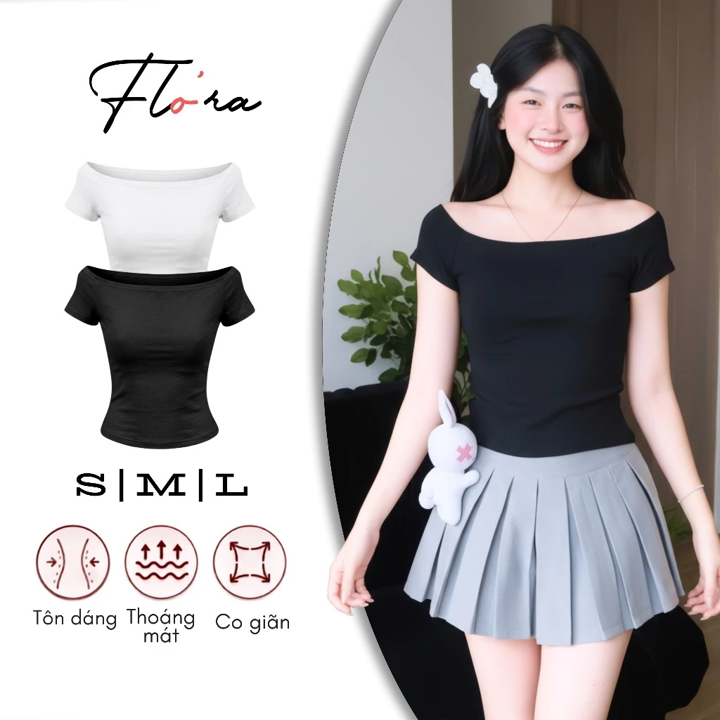 Áo BABYTEE Tay Ngắn TRỄ VAI Nữ Chất Thun Borip Lụa DD87, Áo Thun Dáng Dài Bệt Vai Cộc Tay Kiểu Trơn Ôm Body Flo'ra