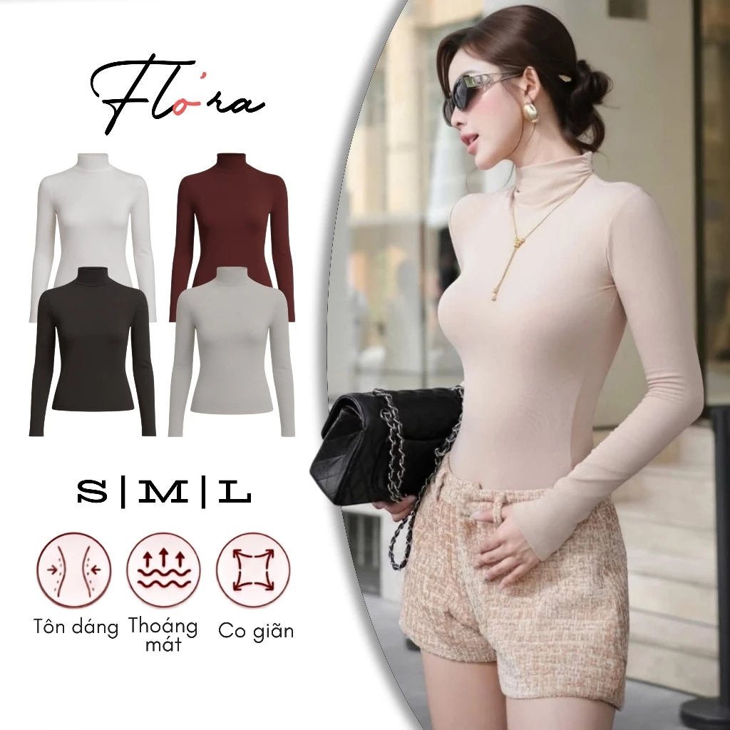 Áo Thun TAY DÀI CỔ LỌ 5P DÁNG DÀI Thun Borip Lụa DD136, Áo Thun Nữ Cổ Cao 5cm Trơn Ôm Body Flo'ra