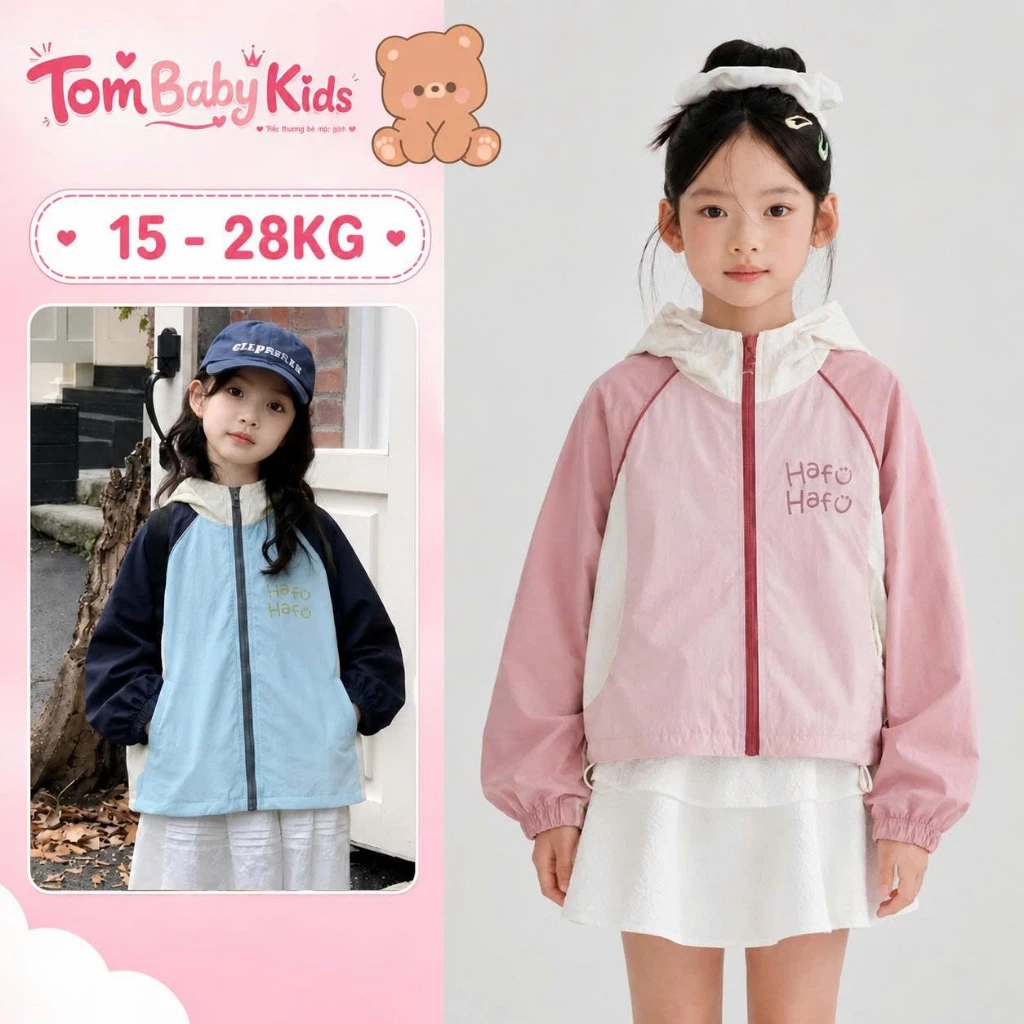 Áo khoác gió 2 lớp trẻ em, áo gió unisex cho bé trai bé gái 15-28kg chống gió, nhẹ, thoáng khí Tom Baby Kids