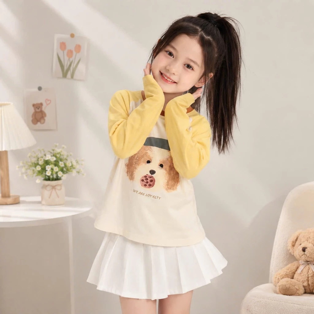 [A70] Áo phông dài tay bé gái, áo thu đông trẻ em chất thun cotton mềm co giãn họa tiết pop cún kẻ sọc đẹp 9-35kg
