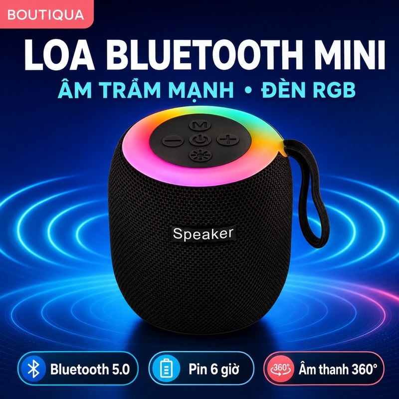 Loa Bluetooth mini di động có đèn RGB, hỗ trợ TF/USB/AUX, Bluetooth 5.0, pin…