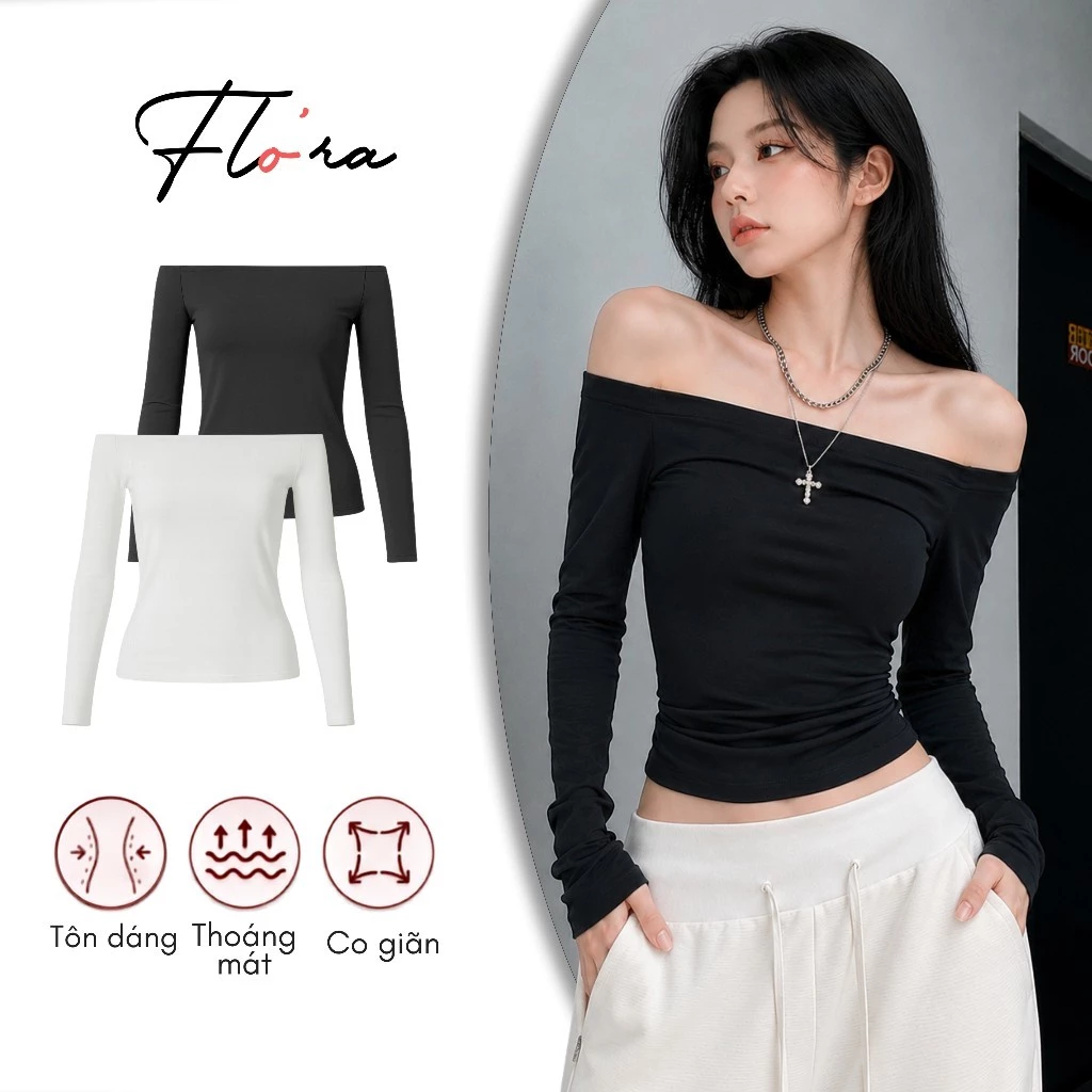 Áo Thun TAY DÀI TRỄ VAI DÁNG DÀI Chất Thun Gân Trơn DD155, Áo Kiểu Ôm Gọn Hở Vai Nữ Flo'ra