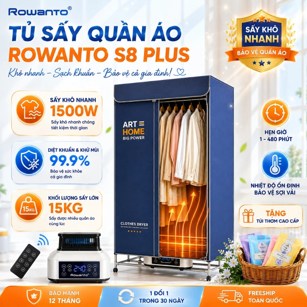 Tủ Sấy Quần Áo Rowanto S8 Cao Cấp, Máy Sấy Quần Áo Công Suất Lớn, Đa Năng Khử Khuẩn Ion Mùa Mưa, Nồm