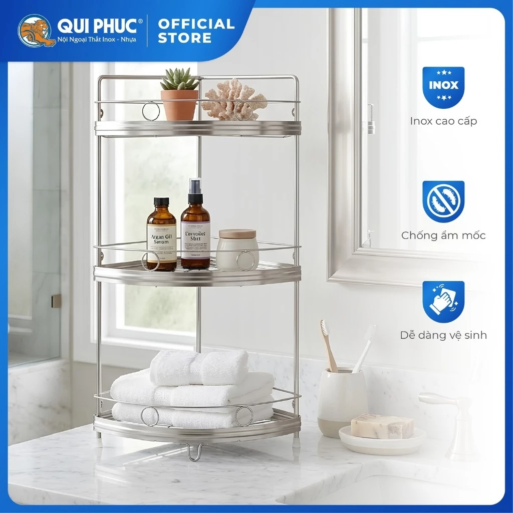 Kệ góc nhà tắm Win QUI PHÚC, chân đứng, inox cao cấp, sáng bóng, chắc chắn, tiện lợi, bền đẹp