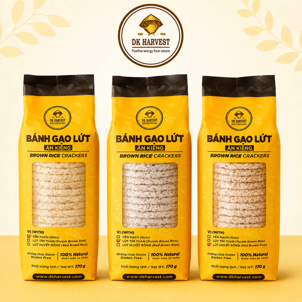Bánh Gạo Lứt Ăn Kiêng DK Harvest 170g 18 Bánh Eat Clean Không Đường 3 Vị Lứt Huyết Rồng, Yến Mạch, Lứt Tím Than