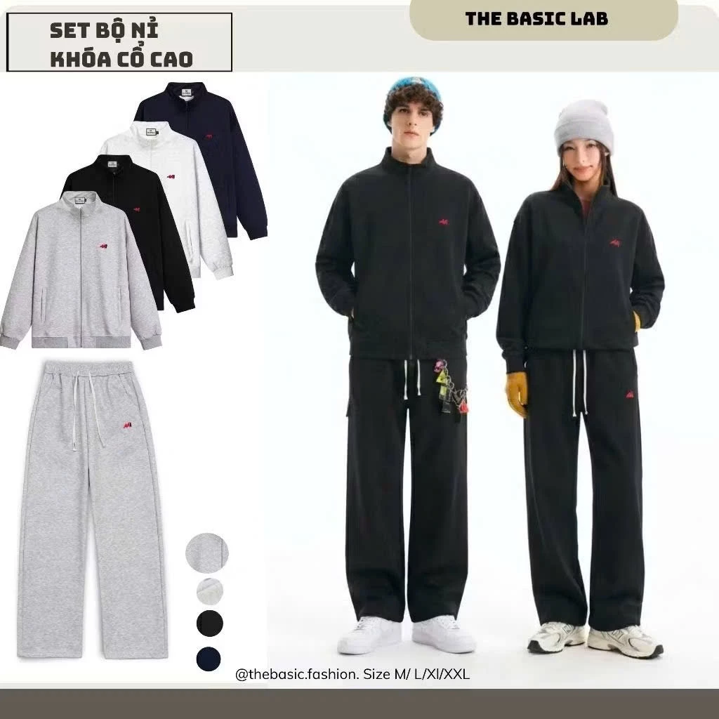 Bộ Nỉ TheBasic Kéo Khóa Chất Liệu Nỉ Da Cá hàng VNXK Cotton 98% LOGO Thêu Chữ M Phong Cách Hàn Quốc