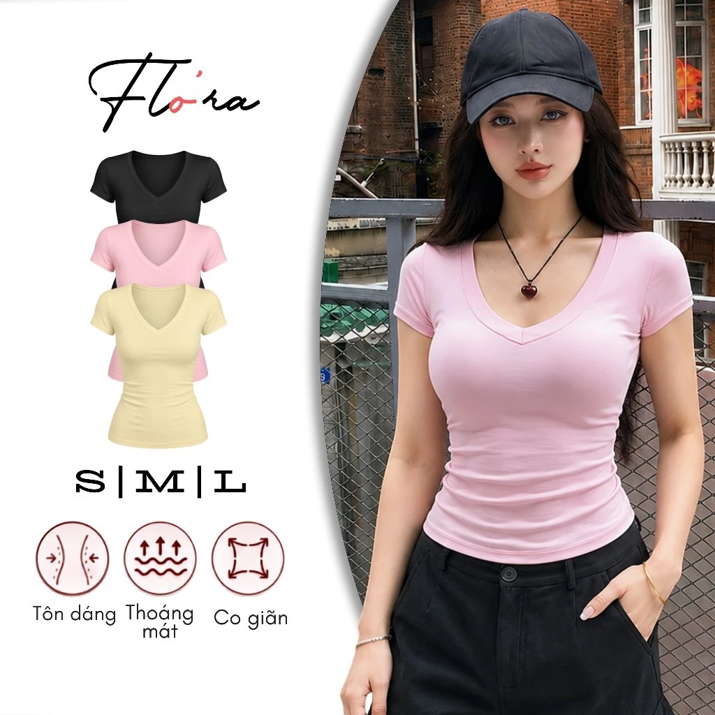 [MỞ BÁN] Áo Thun Nữ Ôm Body Cổ Tim Tay Ngắn Basic Chất Borip Lụa DD45, Co Giãn 4 Chiều, Mềm Mát Flo'ra