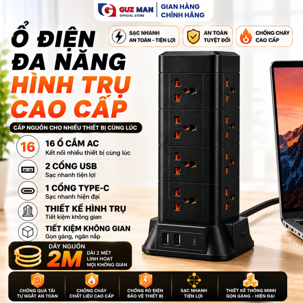 [SSS] Ổ Điện Tháp Đa Năng Hình Trụ 3M  2 Cổng USB - Chống Quá Tải, Công Suất Lớn, Sạc USB Tiện Lợi