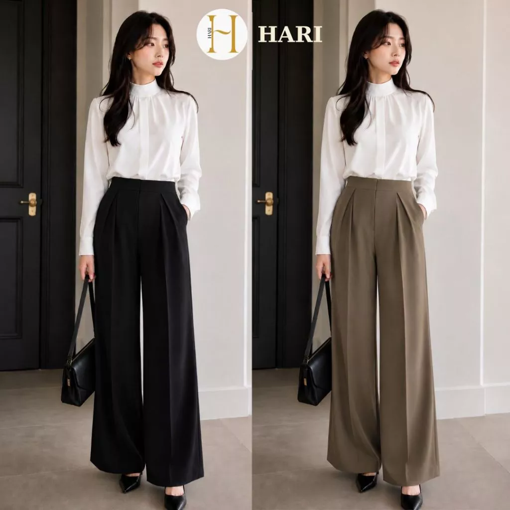 Quần Tây Nữ Hari Cạp Cao Ống Rộng Xếp Ly Lệch Phong Cách Hàn Quốc Công Sở