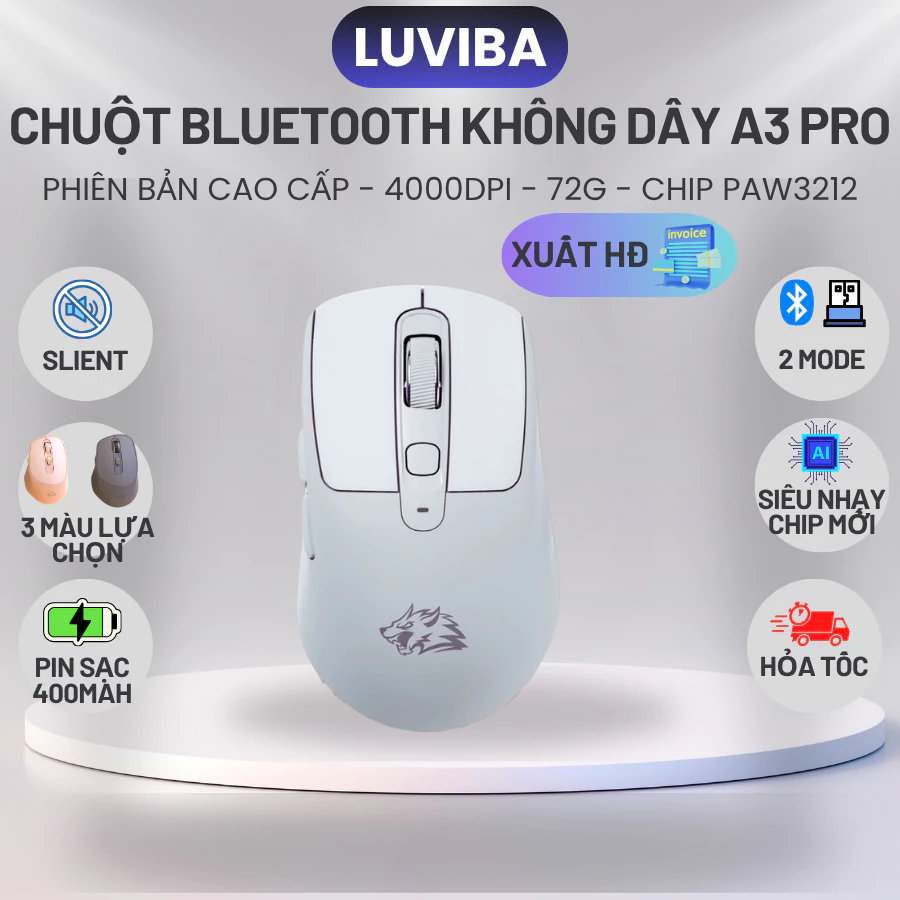 Chuột bluetooth không dây Free Wolf A3 Pro pin sạc nút im lặng chống ồn cho máy tính, laptop, Ipad