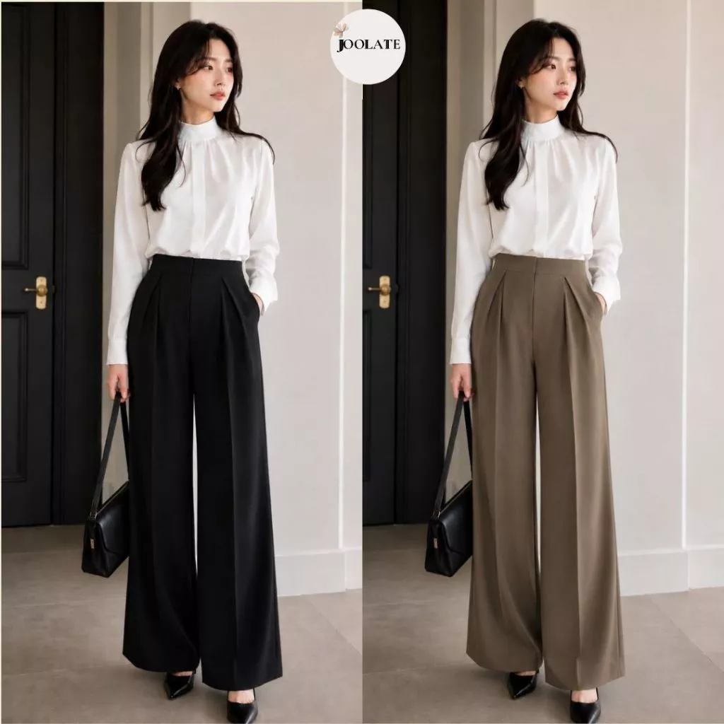 Quần tây công sở ống rộng cạp cao chất gold hàn mềm phong cách ulzzang tôn dáng Joolate