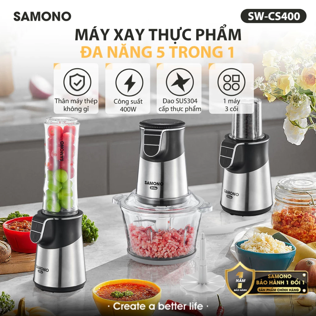 Samono Máy Xay Đa Năng 3in1 SW-CS400 Công Suất 400W - 3 Cốc 3 Lưỡi Dao Xay Trái Cây Xay Thịt Xay Gia Vị