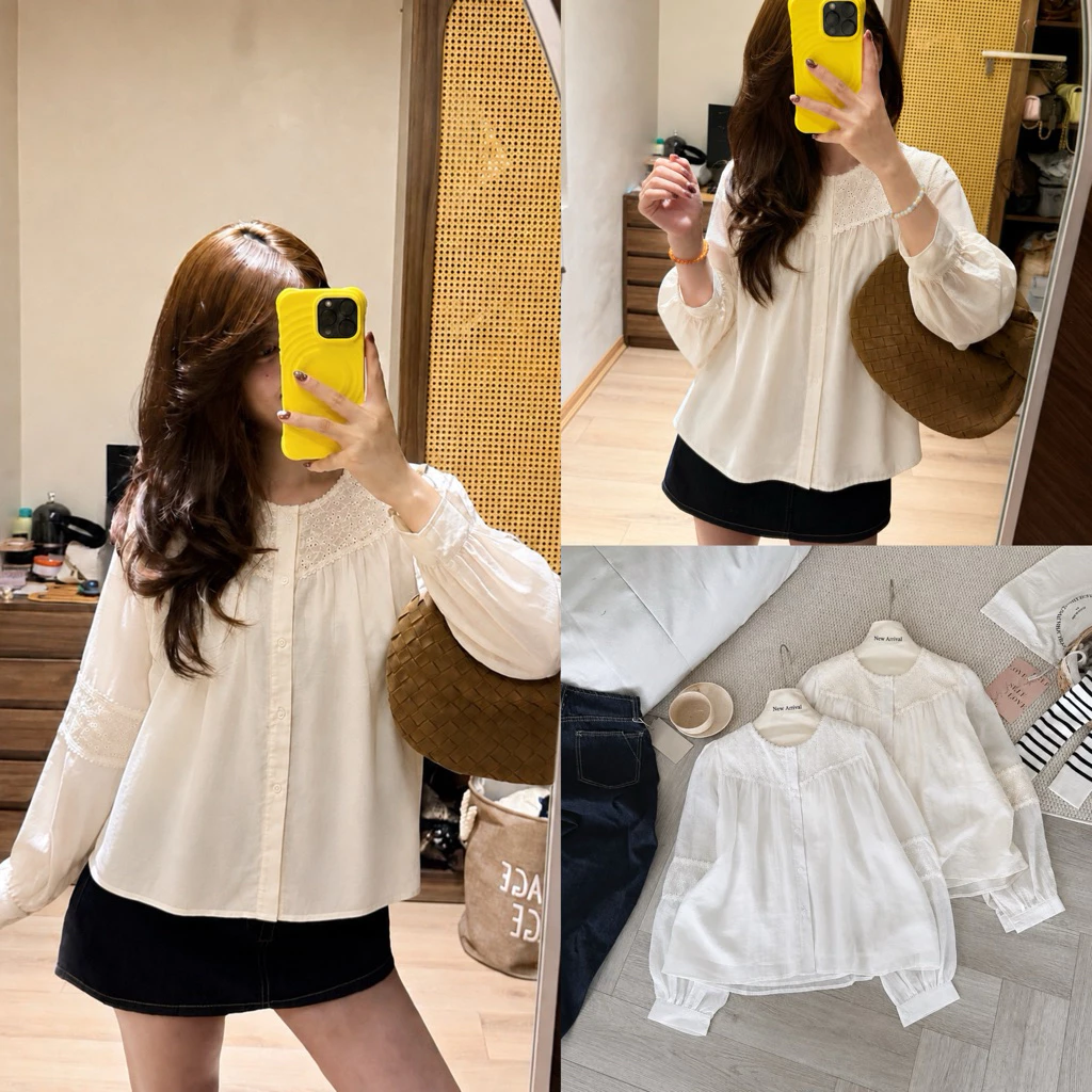 [Hàng Chuẩn L1] Áo sơ mi thô thêu hoa đục lỗ dài tay cổ tròn phong cách Hàn Quốc - A2208