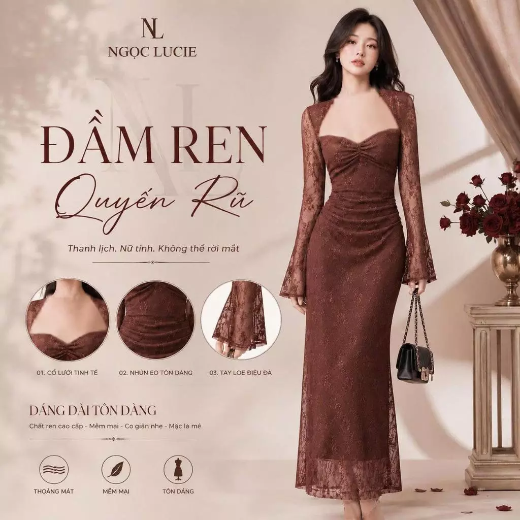 D1118 - Đầm Ren Tay Loe Nhún Eo Dáng Dài Tôn Dáng Quyến Rũ Ngọc Lucie