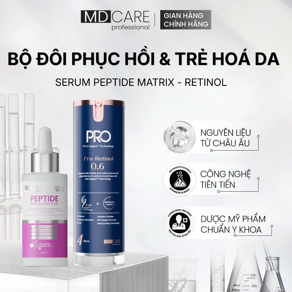 [CHÍNH HÃNG] Bộ Đôi Phục Hồi Và Trẻ Hoá Da MD CARE Gồm: Peptide Bioactiv Matrix Serum Và PRO-RETINOL
