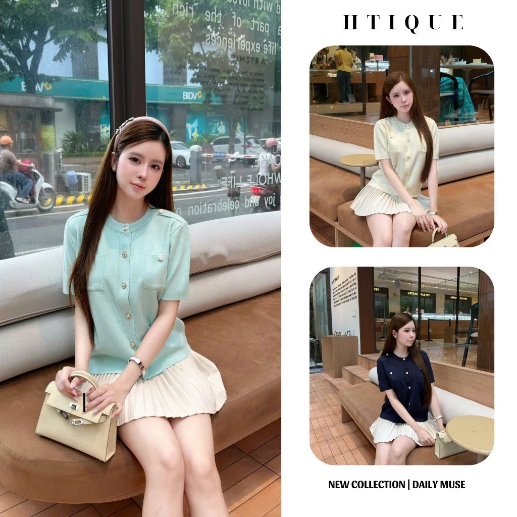 HTIQUE - DEAL mở bán Áo Len Dệt Kim Tay Ngắn Cổ Tròn Đính Cúc Mạ Vàng, Áo Len Cadigan Phong Cách Tiểu Thư LN18
