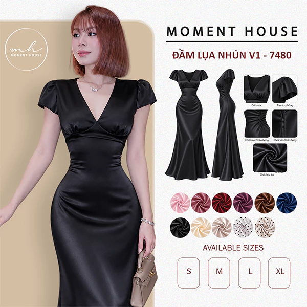 ĐẦM LỤA  có tay, nhún v1, có khóa kéo bên hông, dáng đuôi cá nhẹ, vải lụa tô châu ( Mã 7480 )