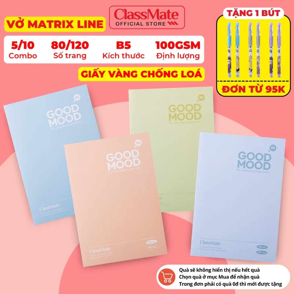 Combo 2/5 Vở Kẻ Matrix Line 100gsm Classmate Giấy Vàng Chống Loá, Bìa GoodMood Chống Nước, Vở B5 80/120 Trang Ghi Chép