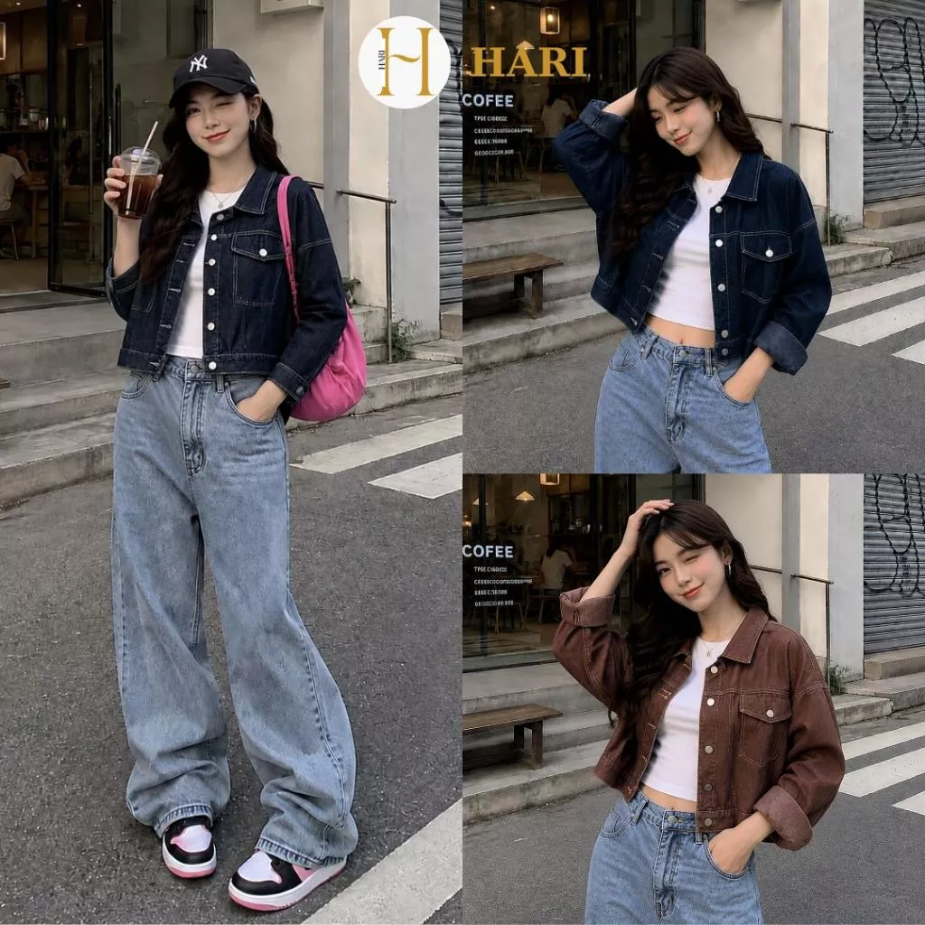 Áo khoác jeans Hari Croptop Nữ Dáng Lửng Bò Xanh Chỉ Nổi
