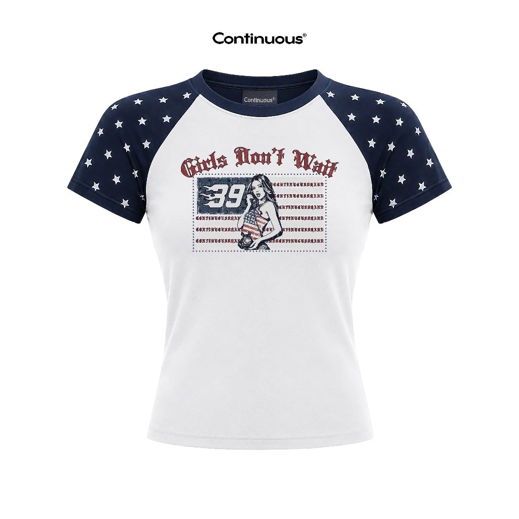 Áo thun Baby Tee Raglan Continuous - GIRL DON'T WANT / White & Dark Blue