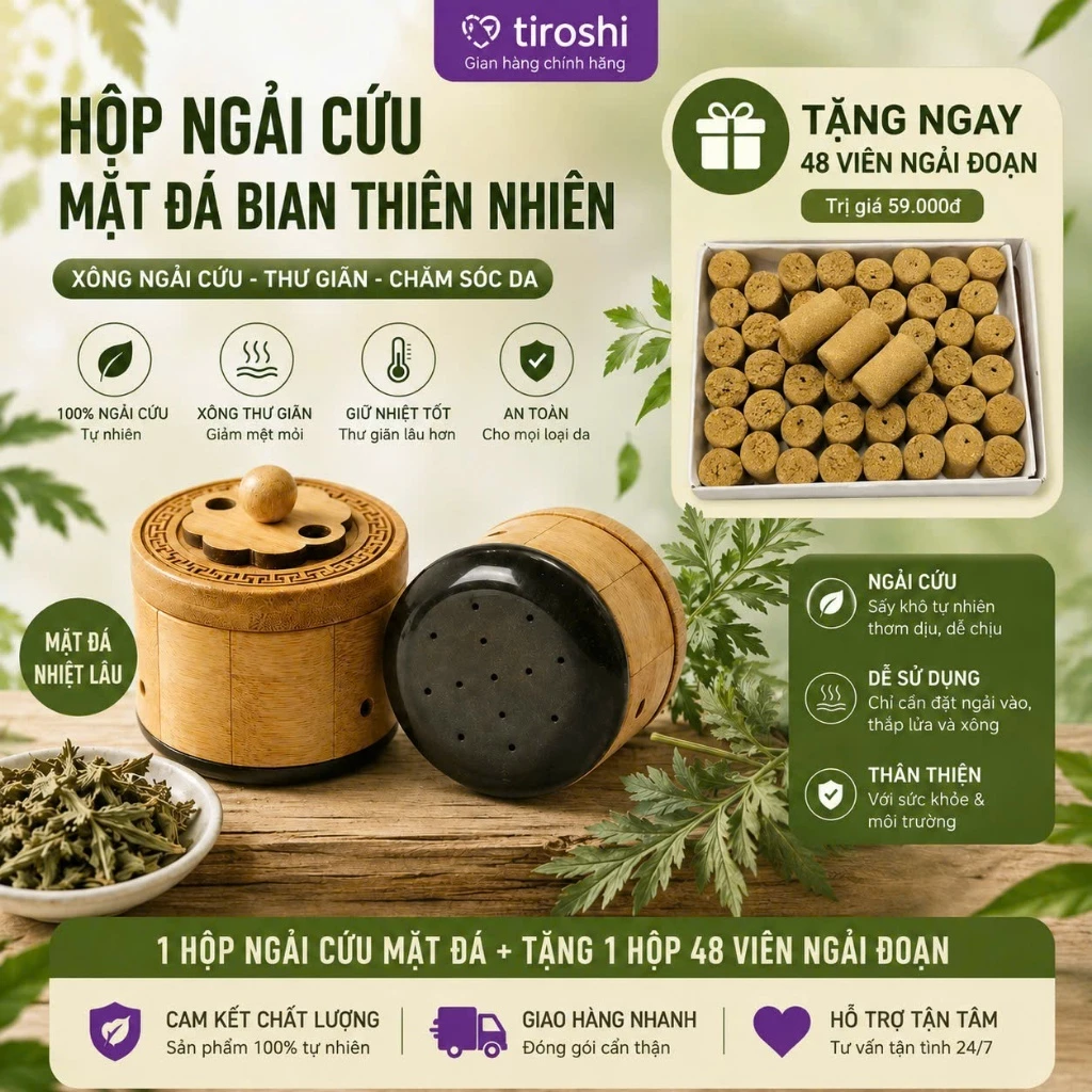 Bình ngải cứu đa năng chức năng cạo gió, Massage Mặt & Body chất liệu mặt đá Bian, hộp xung quanh bằng gỗ kích thước 7.5