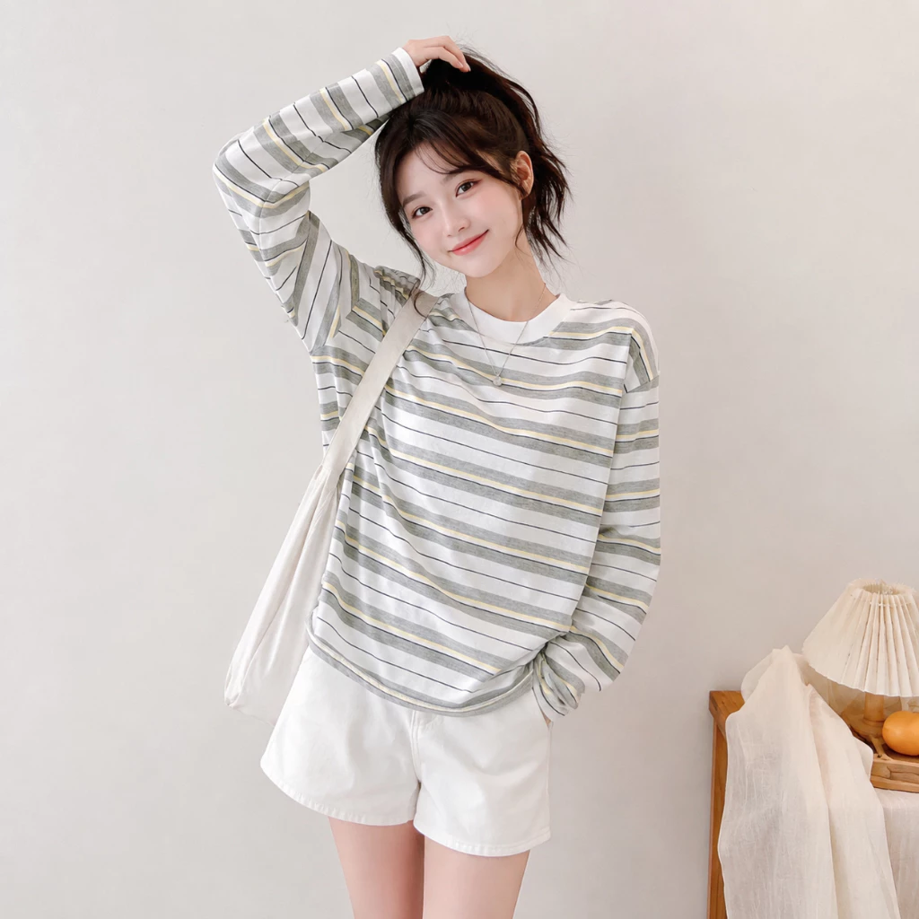 Áo dài tay thu đông nữ kẻ sọc phong cách HÀN QUỐC siêu xinh. Áo thun thu đông nữ chất cotton giấy