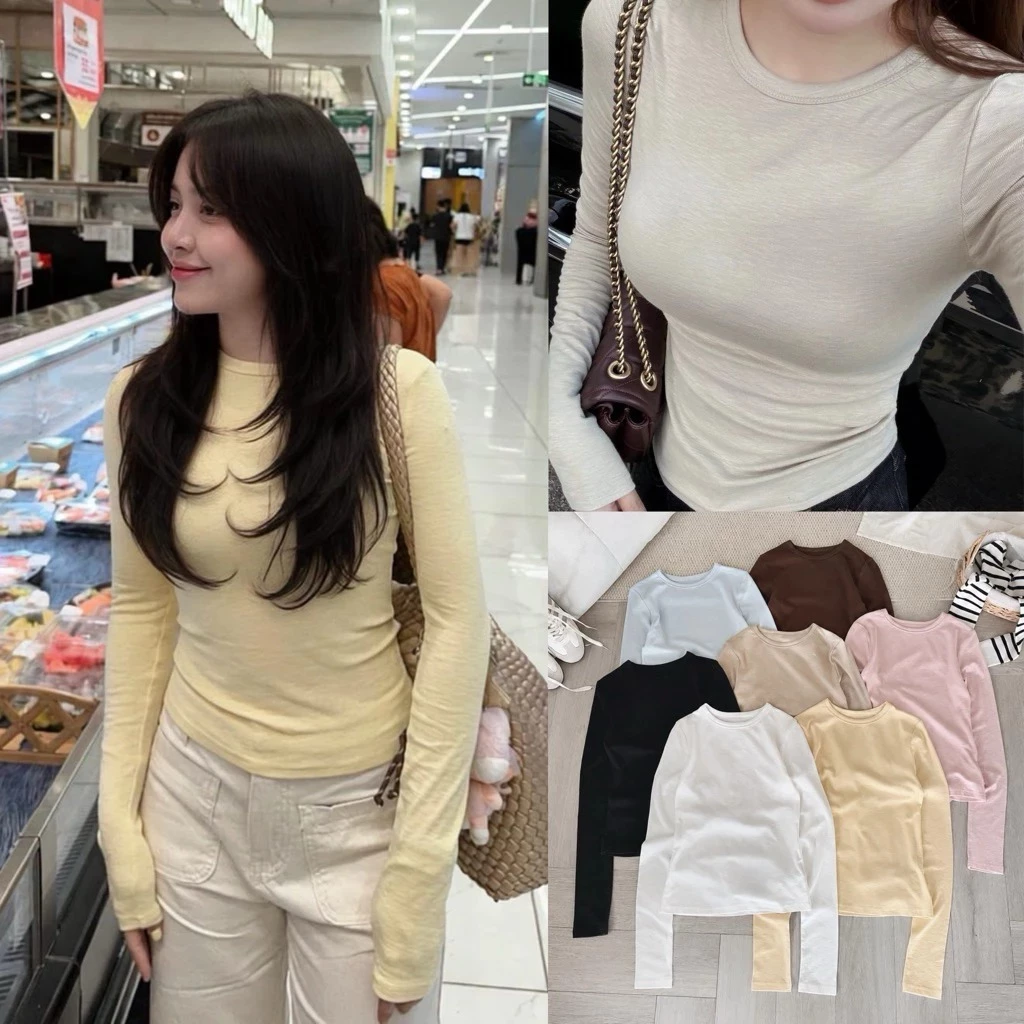 [Hàng Sẵn ] Áo thun dài tay cổ tròn form ôm body tone màu pastel Hàn Quốc - A163