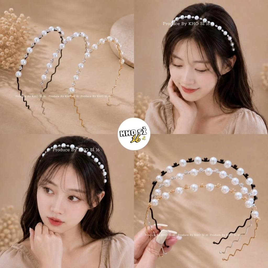 Băng Đô Kim Loại Lượn Sóng Đính Ngọc Trai Cho Nữ, Bờm Tóc Bản Mảnh Giữ Tóc Gọn Phong Cách Hàn Quốc_Khosi16