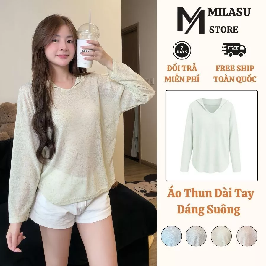 Áo Thun Nữ Dài Tay Thu Đông Chất Dệt Kim Milasu Áo Cổ V Có Mũ Trùm Đầu Dáng Suông 561