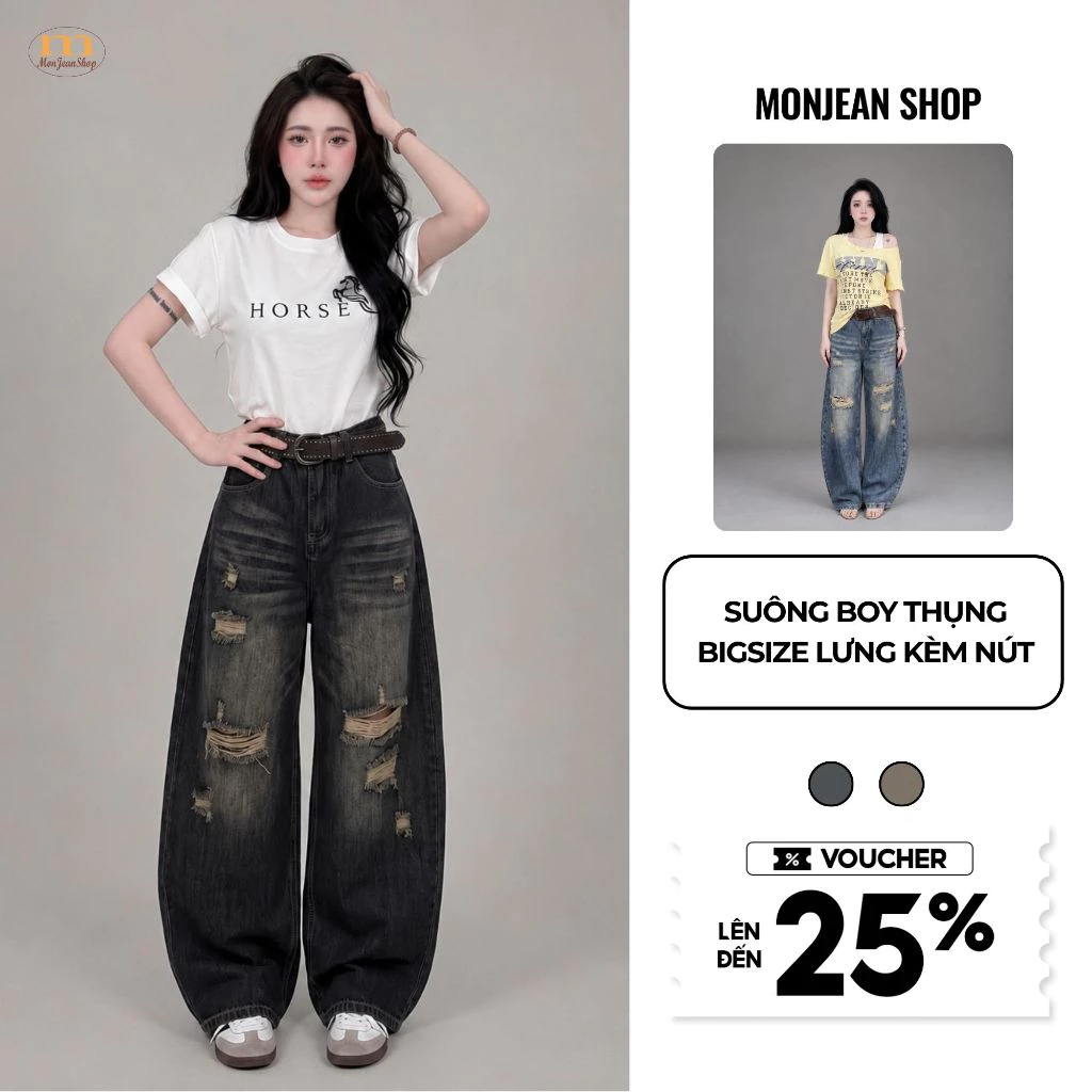 Quần jeans nữ bigsize ống rộng lưng thun, quần bò nữ suông nam form rộng cá tính rách MS632