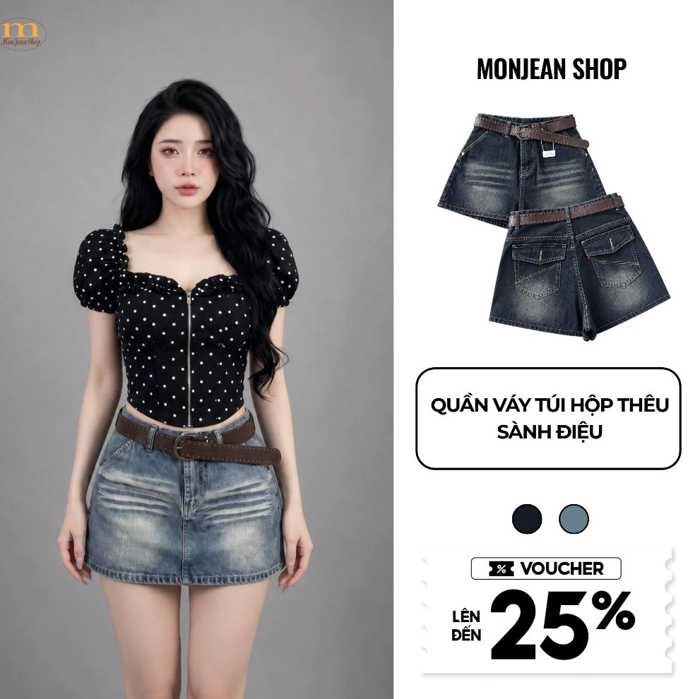 Quần váy jeans nữ bigsize túi hộp lưng siêu cao thêu sành điệu, quần giả váy denim form gọn  MS2131