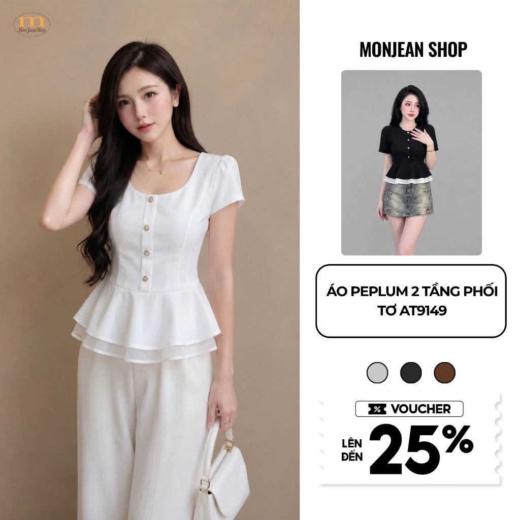 Áo peplum nữ 2 tầng bigsize che bụng dáng xòe rũ, áo kiểu nữ tay ngắn cổ tròn cotton co giãn 4 chiều AT9149
