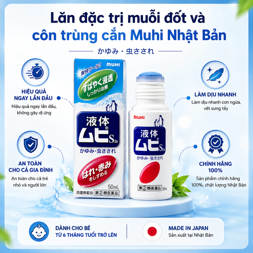 Lăn muỗi đốt Muhi Nhật Bản, lăn bôi giảm ngứa muỗi và côn trùng đốt cho bé từ 6 tháng tuổi