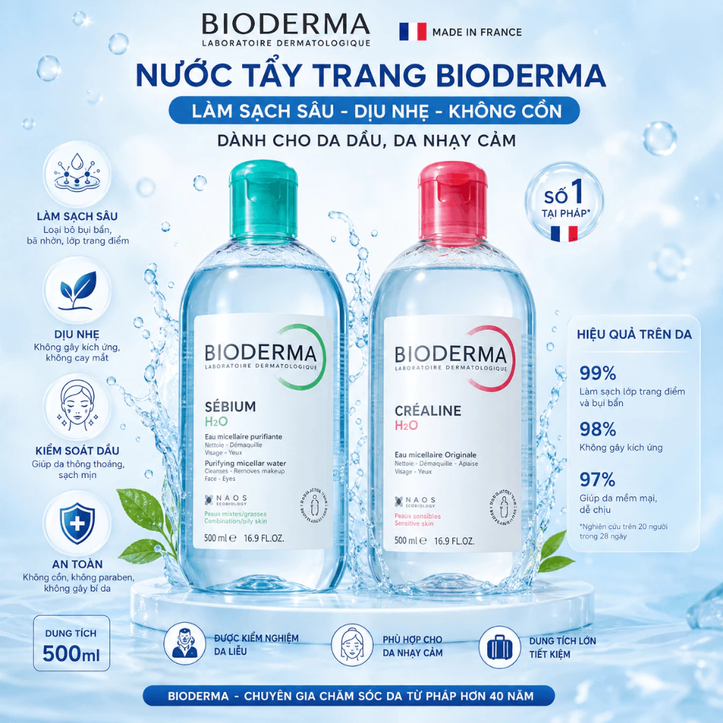 Nước tẩy trang Bioderma làm sạch sâu dịu nhẹ cho da dầu da nhạy cảm Pháp 500ml