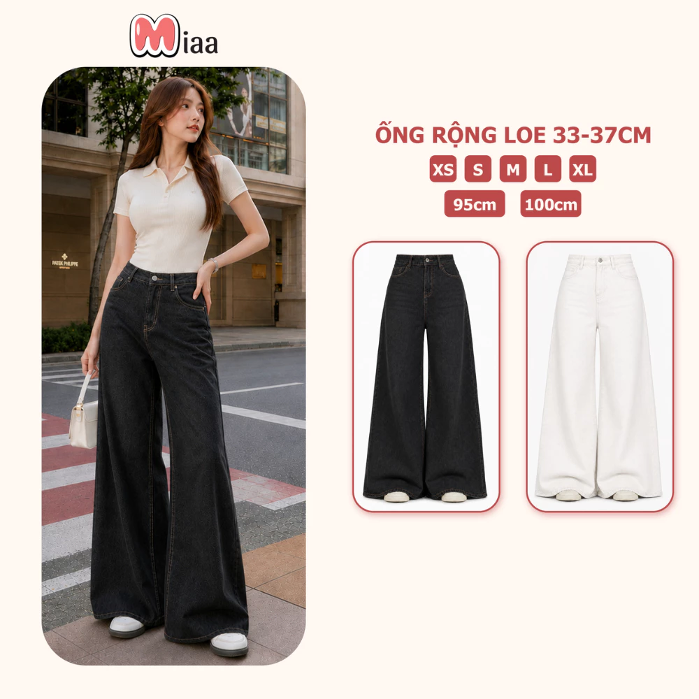 [DEAL HÀNG MỚI] Quần Jean Nữ Lưng Cao MIAA Ống Rộng Loe 33-37cm Tôn Dáng - Màu Trắng, Đen Xám - Dài 95cm và 100cm