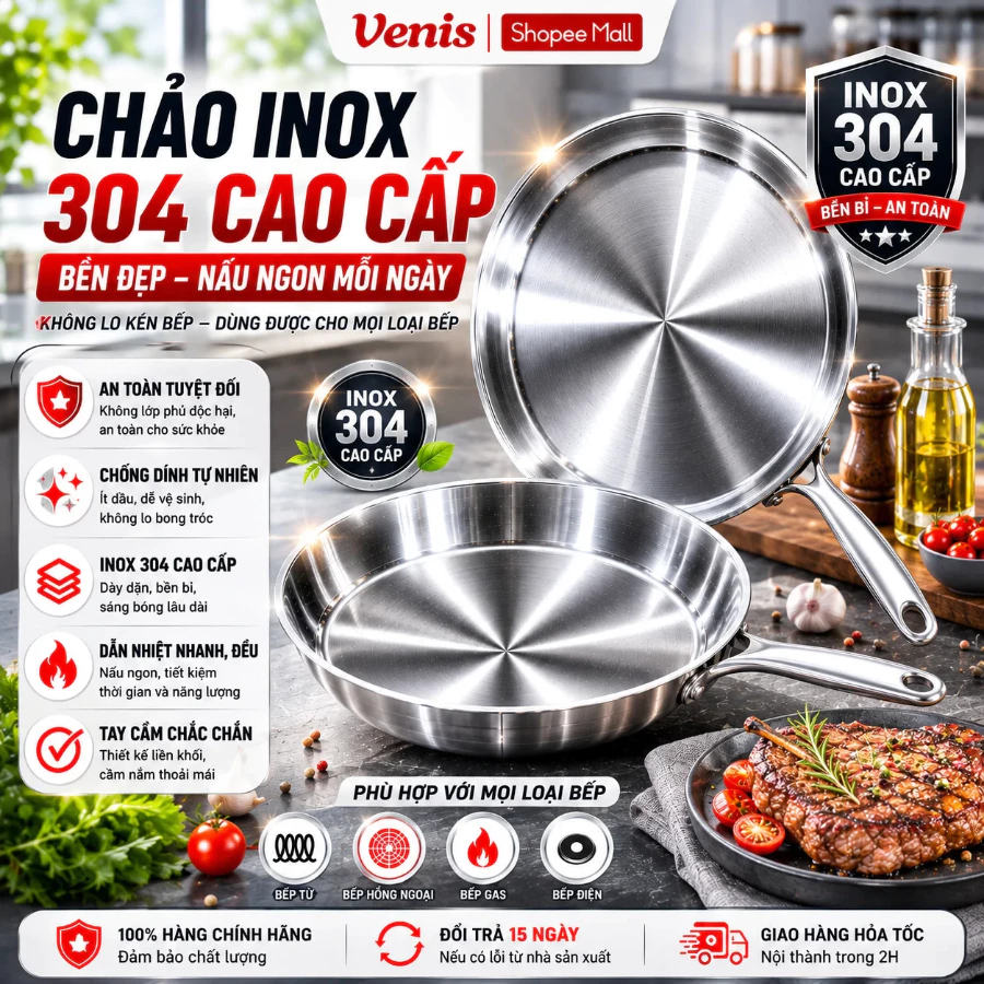 [SSS] Chảo Inox 304 Nguyên Khối, Chảo Inox Chống Dính Size20-28cm Cao Cấp Dùng Cho Mọi Loại Bếp