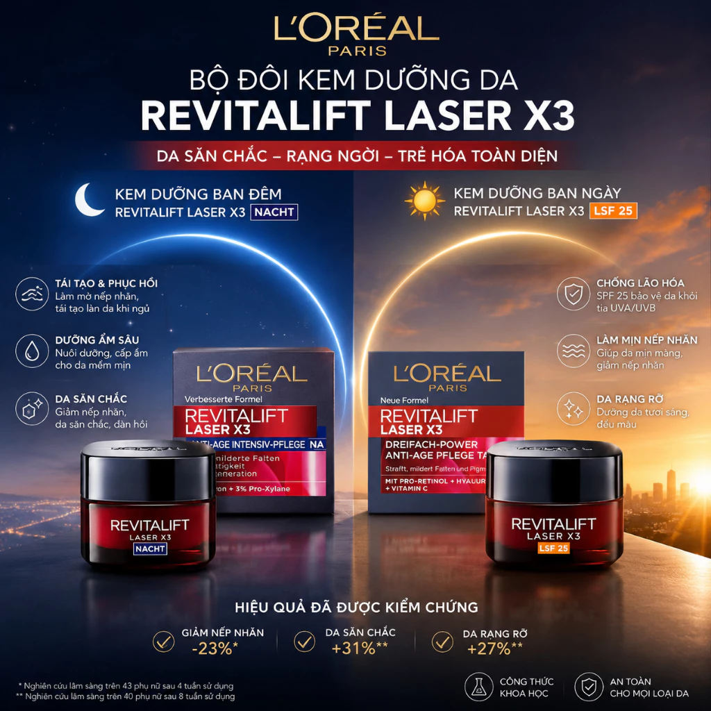 Kem dưỡng L'Oreal Revitalift Laser X3 chống lão hóa mờ nếp nhăn ngày đêm Đức 50ml