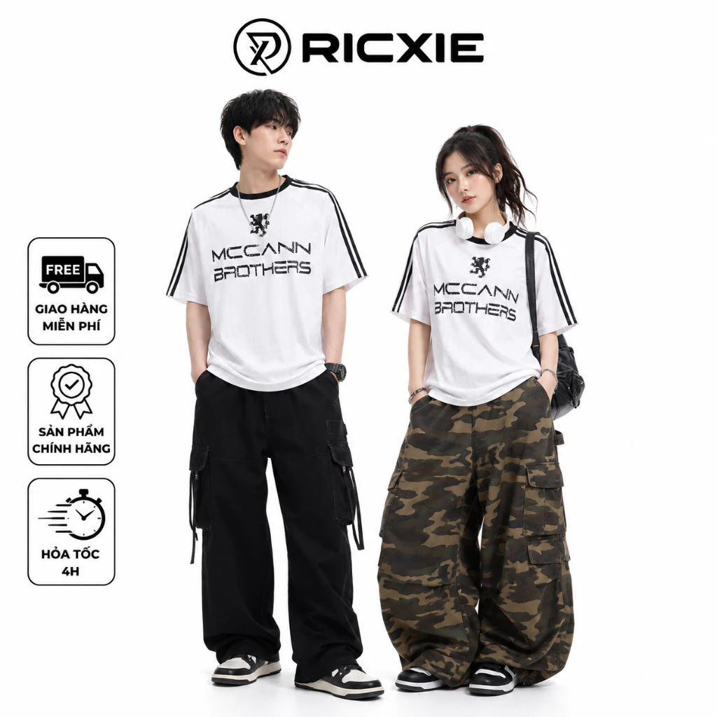 Áo Thun RICXY From Rộng "MCCANN"chất liệu Poly Sọc Top Cổ Tròn Nam Nữ Unisex Menswear