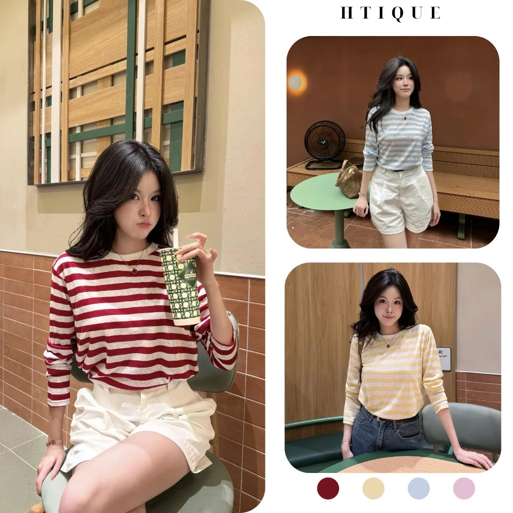 HTIQUE - DEAL mở bán Áo Phông Giấy Tay Dài Kẻ Ngang Phối Màu Form Rộng, Áo Thun Nữ Dài Tay Chất Vải Mềm Mại AK23