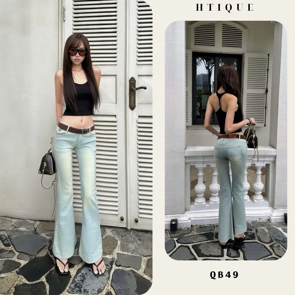 HTIQUE (Chưa kèm dây lưng) - DEAL mở bán Quần Jeans Ống Loe Cạp Trung Tôn Dáng Màu Xanh, Quần Jean Nữ Dài Basic QB49